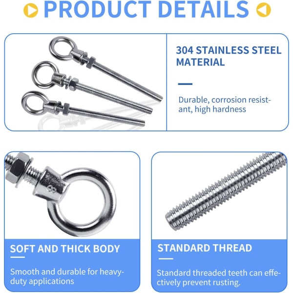 12 x M8 x 100 mm öglebultar, 304 rostfria öglebultar, skruvade öglebultar med metrisk gänga