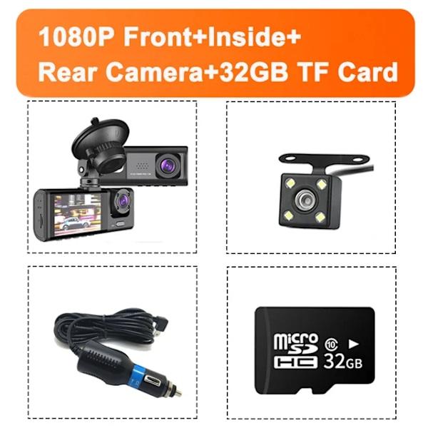 3-kanals Dashcam för bilkamera 1080P videoinspelare Dashcam Black Box Dubbel lins inuti bil DVR Bakre kamera biltillbehör 3 kamera 3 camera 128GB
