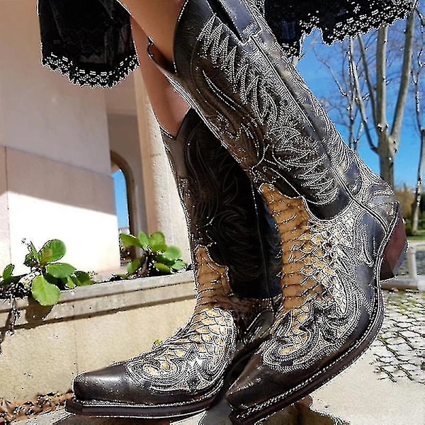 Python Western Støvle Colorblock Broderi Herre Støvler Mode Moderne Sko 48
