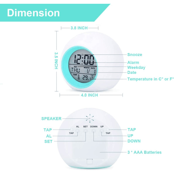 Børns digitale vækkeur, 8 farver natlys, snooze, temperatur