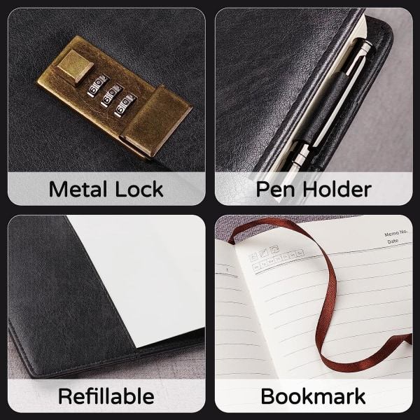 Dagbog med Lås, A5 PU-Læderjournal med Lås 240 Sider, Vintage Lock Journal Adgangskodebeskyttet Notesbog med Pen og Gaveæske, 8,6 x 5,8 tommer