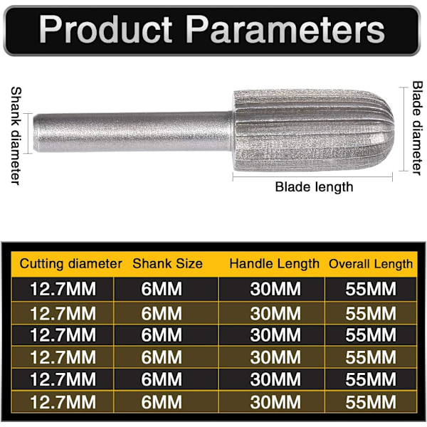 6 st Tungsten Rotary Burr Set Dubbelskuren 6mm Tungsten Skaft Fili