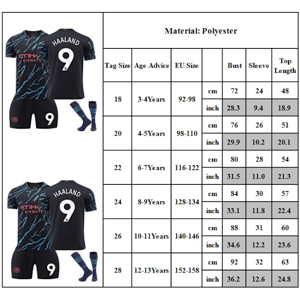 Barn Haaland #9 Fotballdrakter for Fotball Ungdomstreningsklær Fotballtreningsuniformer 8-9Years