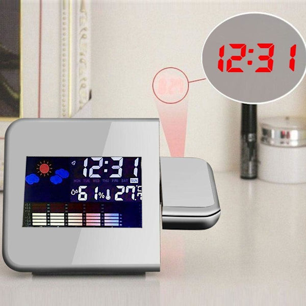 Vækkeur med projektion, LED-projektionsvækkeur USB-genopladelig digital projektionsvækkeur/taktgiver temperaturvisning/hygrometer/urtid & datumsvisning