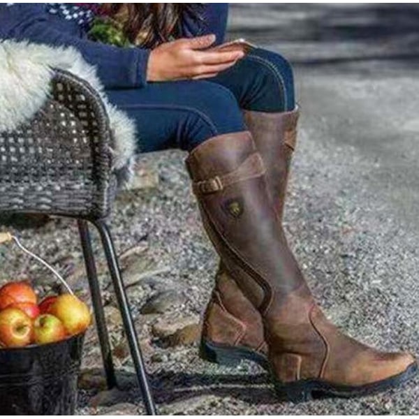 Naisten Chunky Matala Korko Saappaat Polvikorkeat Saappaat Brown-XF7- Brown 39