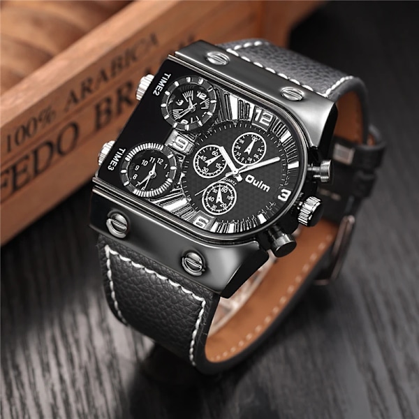 Oulm Klokker Herr Quartz Casual Lærarmbånd Armbåndsur Sport Multi-Time Zone Military Man Clock erkek saat Drop C2(with box)