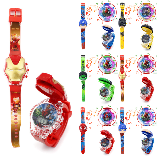 Avengers Superhjälte Luminous Flashing Light Barn Musik Klock iron Man
