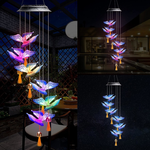 Solar Butterfly Wind Chimes wish Bells,7 Color Changing Solar