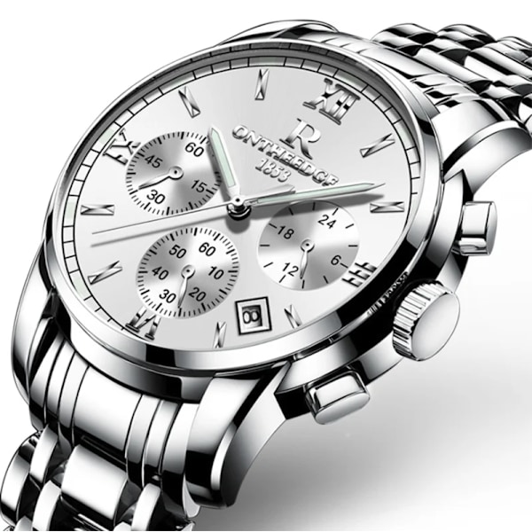 Herre Klokke Sport Herreklokker Topp Merke Luksus Vanntett Full Stål Quartz Klokke Herre Relogio Masculino 026 Silver