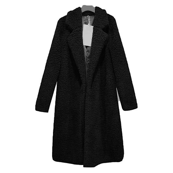 Dam Plysch Lapel Lång Kappa Vinter Fleece Parka Långärmad Trench Coat Vinterjacka CNMR Z X Svart Black XL