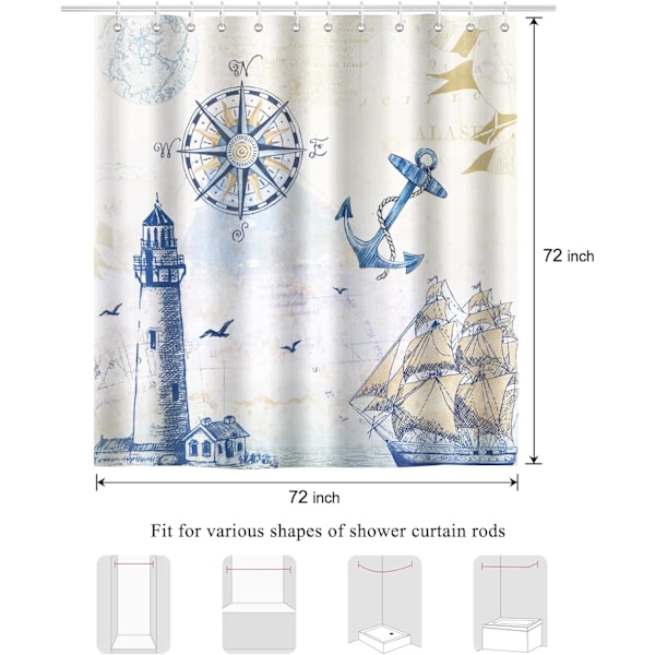 Nautisk Duschdraperi 180 x 200cm Vattentät Mögelresistent P