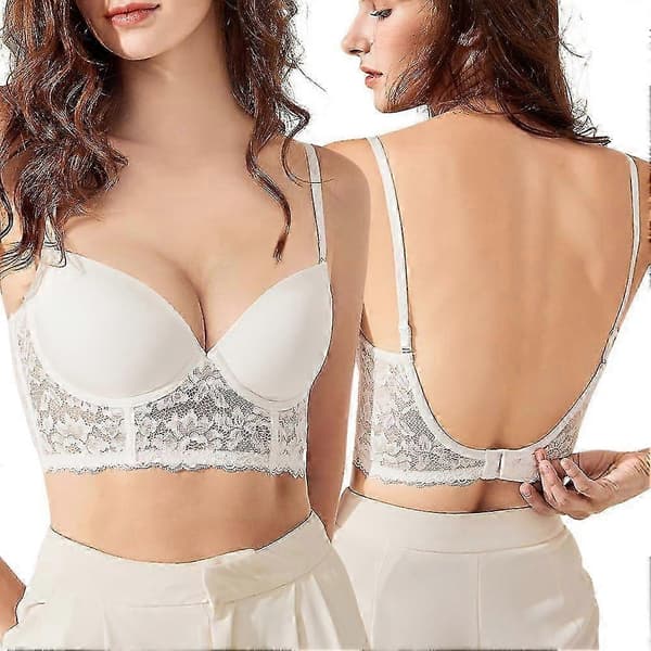 Women's Low Cut Bra Push Up Deep V Backless Bra Lace Underwire Convertible Bra White 36DD White{YDE}-FA-