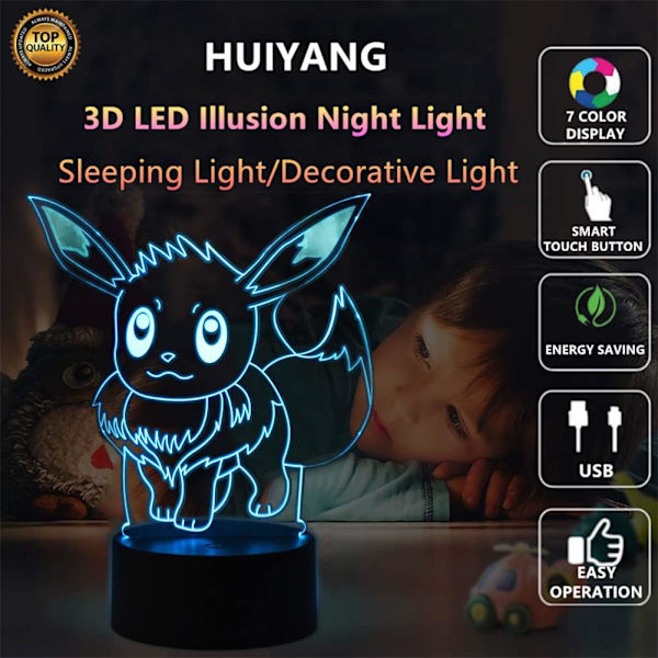 Tegnefilm Anime Eevee Natlampe 3D Illusion Lys LED Bord