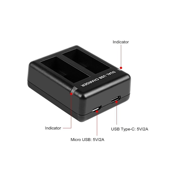 Dobbelt Batterilader til Hero11 Black / HERO9 Black / HERO10 USB Dobbelt Port Slot Sort Actionkamera