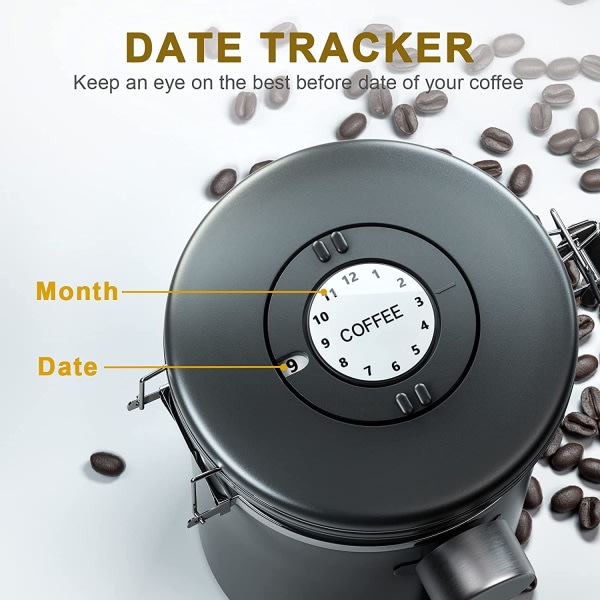 Lufttæt kaffebøtte 1 kg - kaffebønnebeholder i rustfrit stål med CO2-ventil - med måleske (2,8 L sort)