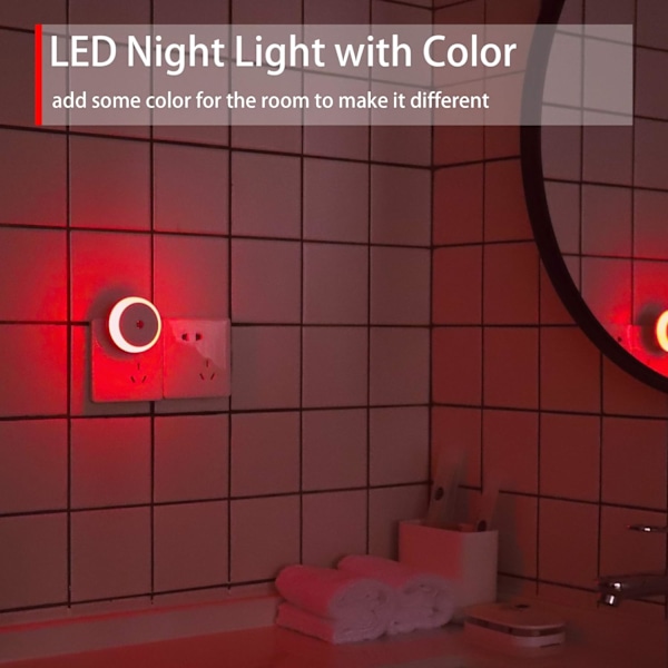Rød natlampe, LED natlampe med kontakt, rund, lyssensor