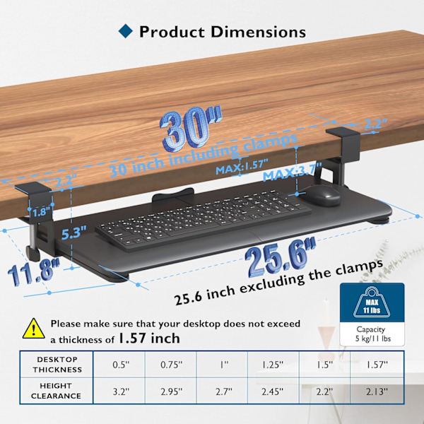 QU*BONTEC Uttrekkbar tastaturskuff for skrivebord, 650x300 mm, ergonomisk tastaturhylle med C-klemme, perfekt for hjem og kontor-XS1-