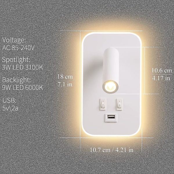 LED-vegglampe, leselampe ved sengen med bryter, USB-ladeport, dimbar stemningsbelysning for soverom (3w naturlig lys + 10w varmt lys) Hvit
