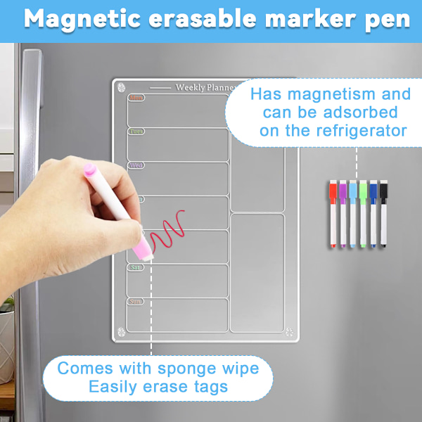 Akryl magnetisk menutavle til køkken, akryl ugekalender til køleskab, akryl whiteboard til køleskab med 6 magnetiske viskelæder