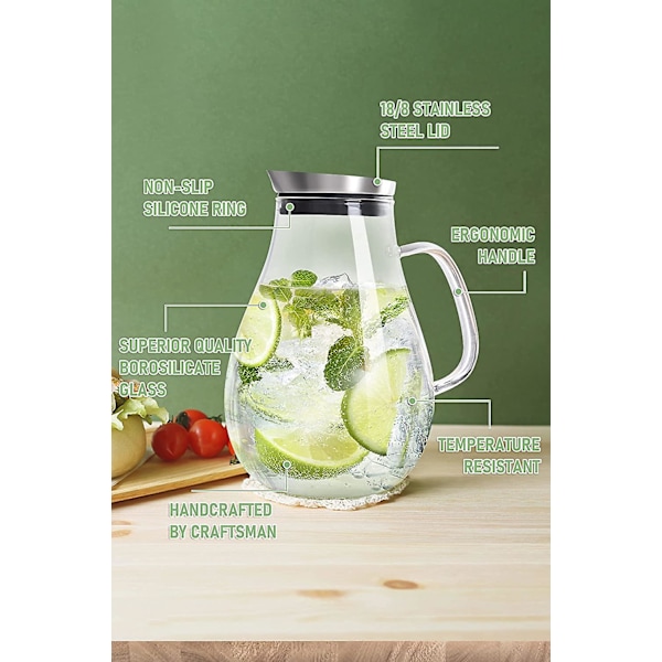 2 liters glaskaraffel med låg og hældetud, vandkaraffel, istekande, til hjemmelavet drik/iste/mælk/kaffe/servering Vin