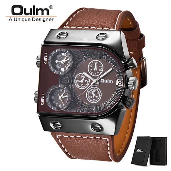 Oulm Kvartsure Herre - Casual Læderrem Armbåndsur Sport Multi-Tidszone Militær Man Ur erkek saat Drop C6(with box)