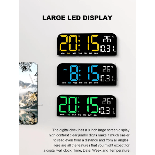 9,0 tum stor digital väggklocka med temperatur, datum och veckodagar, nattläge, tabell, väckarklocka, 12/24H, elektronisk LED-klocka green