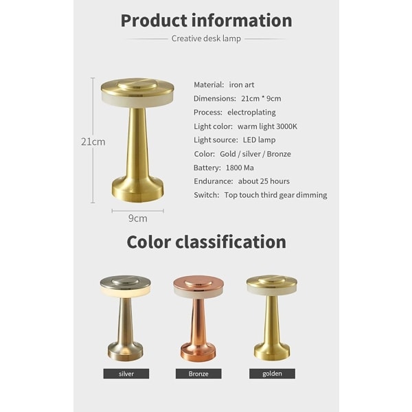 Touch bærbar trådløs bordlampe 3-niveau touch-dæmper indbygget USB-batteriport soveværelse sengelampe bar atmosfærelampe bord sølv