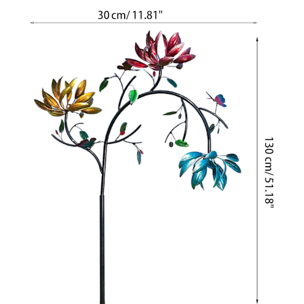 Stor metall vindmølle med tre roterende blomster Sommerfugler vindmølle dekor
