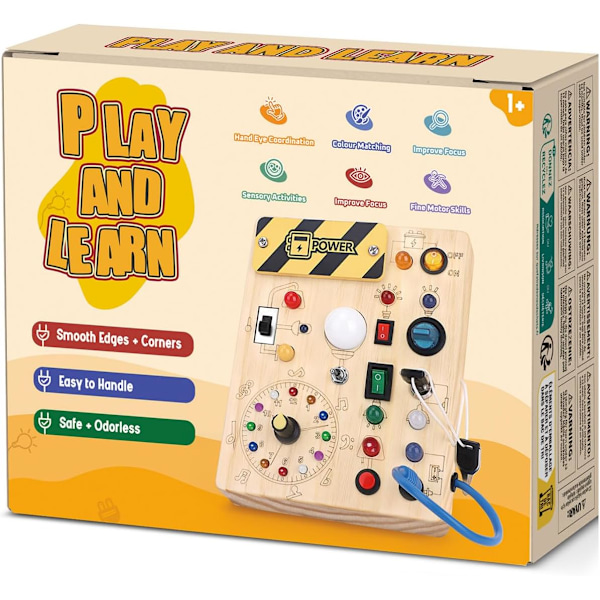 Montessori-leksak, aktivitetsbräda, sensorisk babyleksak, med 10 strömbrytare och 23 LED-lampor, träleksak, resa-X43-