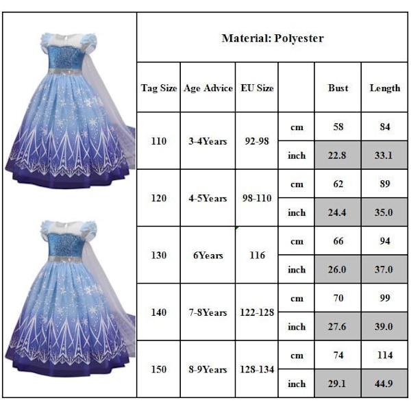 Pakkasen Prinsessakelkkailuun - Lasten Tyttöjen Cosplay Syntymäpäivämekko 140 cm