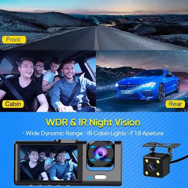 3-kanals Dashcam för bilkamera 1080P videoinspelare Dashcam Black Box Dubbel lins inuti bil DVR Bakre kamera biltillbehör 3 kamera 3 camera 128GB