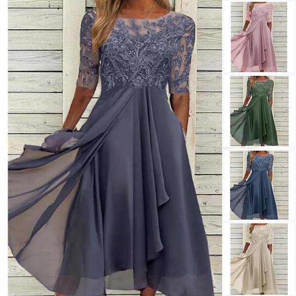 Spetsapplikationer Midi-klänning Kortärmad Aftonklänning Casual All Match Klänning för Bröllopsgäst glod xl