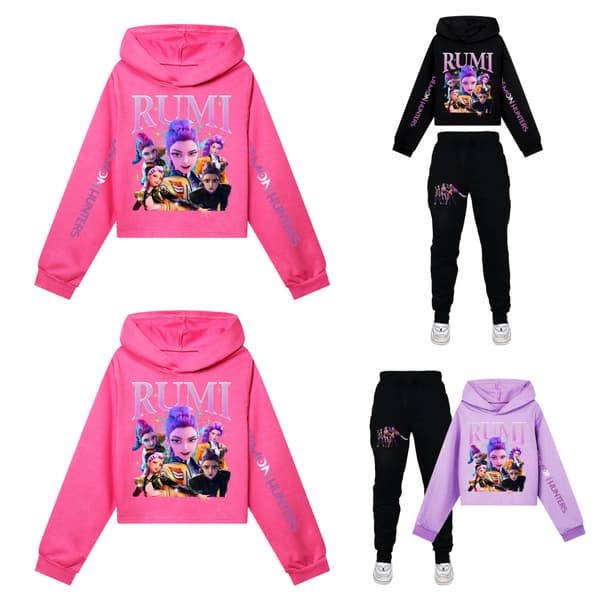 KPOP Demon Hunter Piger Cropped Sweatshirt & Shorts Sæt Helt Grå Sæt helt grå x-FA- Set all gray x 110cm
