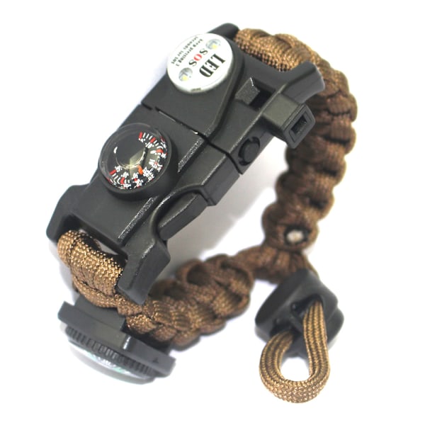 Paracord-selviytymisrannekoru, sytytin, vedenpitävä SOS-lamppu, kompassi, pilli, 20 in 1, äärimmäinen taktinen selviytymisvaruste, lahja-FA3- brown
