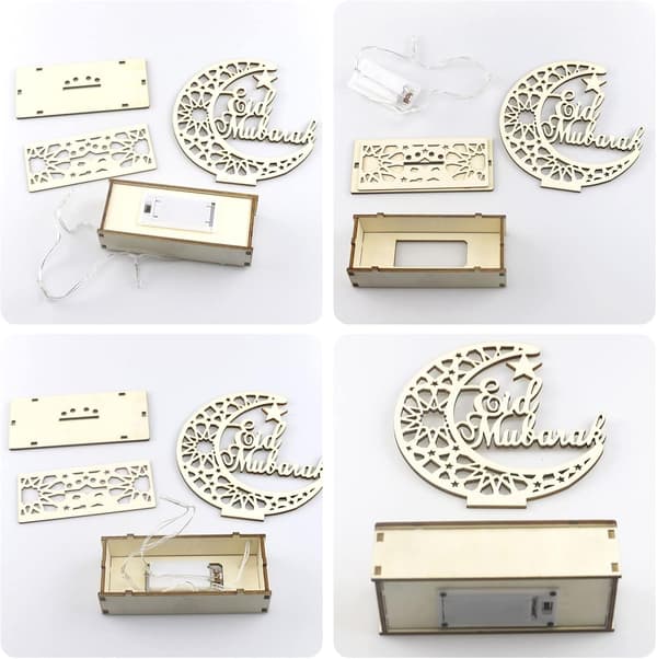Træ LED lampe Ramadan dekoration Halvmåne stjerne lys Muslimsk Islam Eid-FA-