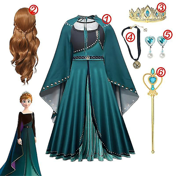 Flickens Frozen Prinsessekjole: Sekvensbesat Mesh-ballkjole til Cosplay som Elsa eller Anna 6PCS Anna Kjole Sæt 6PCS Anna Dress Set3 7-8T (130)