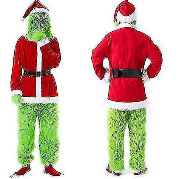 Grinch-asu Joulupukki Cosplay Aikuisten Tomte-asu Asut + Maski 7 osaa täydellinen asukokonaisuus 7PCS full set of clothes L