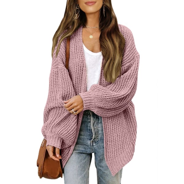 Dametrøje efterår/vinter ballonærmer Damejakke Mode Chunky uldlommer Casual Strikket Cardigan rosa pink pink M