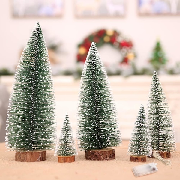 Litet Snöjulgran Set 5 kpl Tekojäätöpuita ja 1M Johdoton Valo Mini Koristepöytäkuusi Mini Mänty