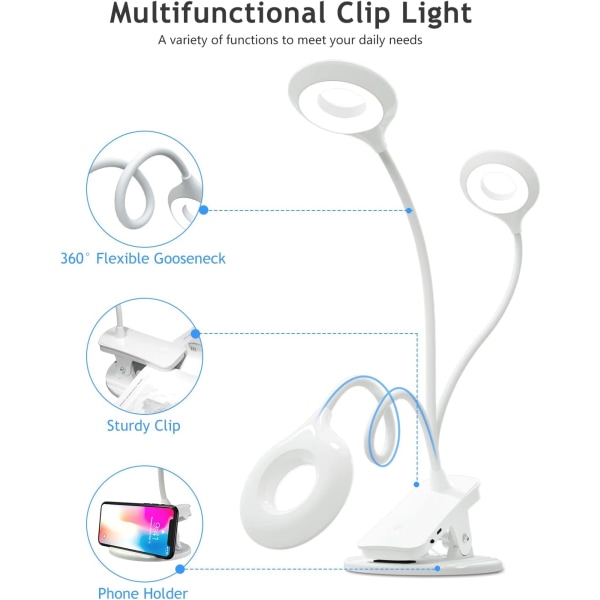 360° fleksibel svanehals læselampe bogklemme dæmpningslampe USB