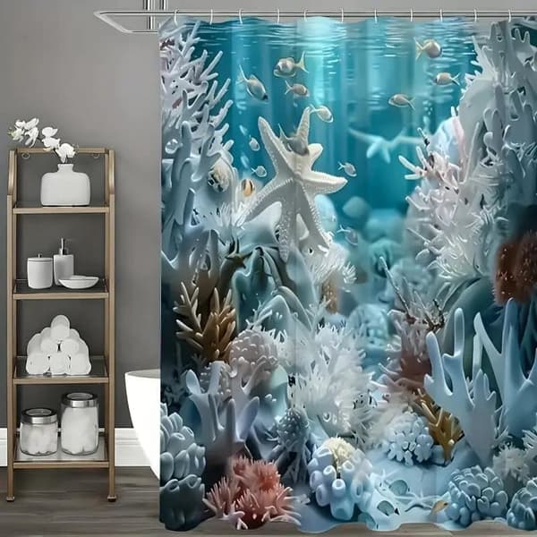 Blue Ocean Shower Curtain with Shells & Starfish, Polyester, High Quality, 12 Hooks, Bathroom Curtain-FA- 150x180cm