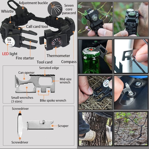 Paracord-selviytymisranneke, tulen sytytin, vedenkestävä SOS-valo, kompassi, pilli, 20 in 1, ultimate taktinen selviytymisvarustus ulkoiluun, Go Army green black and white