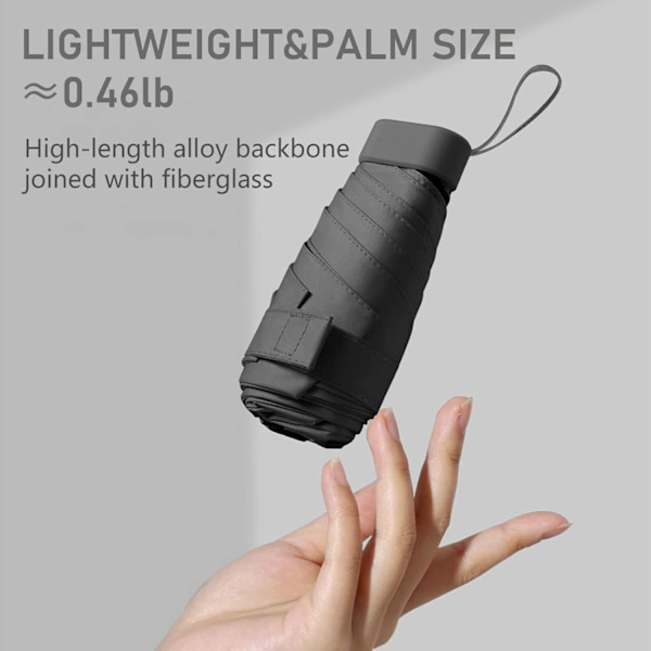 Miniparaply UPF50+ suojalla, kevyt ja kompakti paraply naisille ja lapsille, kannettava UV-paraply säilytyslaatikolla, käsilaukku-kokoinen Black