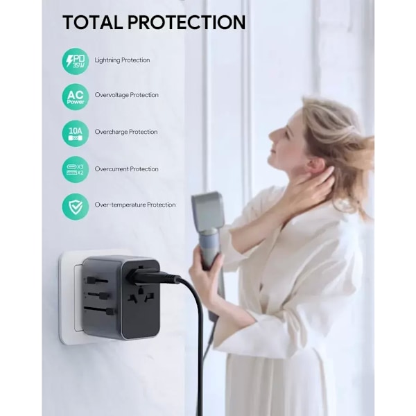 SiGN Universal Reseadapter USB-porteilla, 20W - Musta