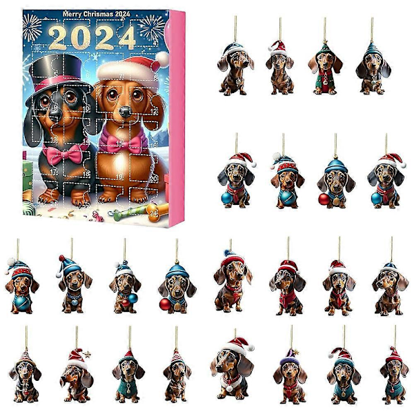 Adventskalender 2024 Jul 24 Dage Nedtælling 2D Akryl Gravhund Hunde Hænge Ornament Blind Box Overraskelsesgave