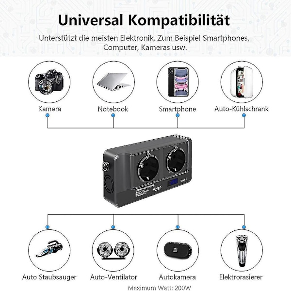 200W Bilomformer, Spændingsomformer 12V til 220V med Smart Tidsdisplay LCD, 2 Stikkontakter og 4 USB-C-porte