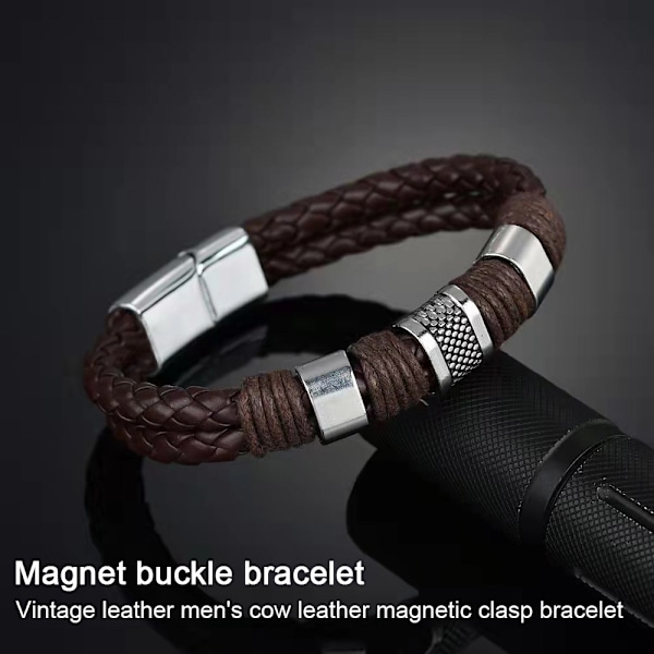 Armbånd til mænd Læder med sort magnetisk rustfrit stål