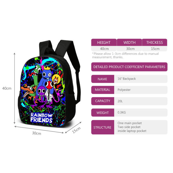 Rainbow Friends Ryggsäck Pojkar Skolväskor Reseryggsäckar Barn Presenter-Set med Ryggsäck Axelväska Pennskrin Backpack