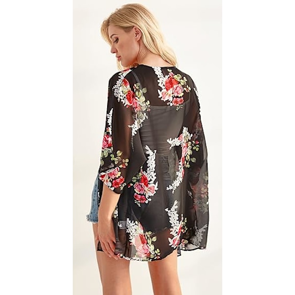 Kvinners blomstrete puff-ermet kimono-jakke løs dekke casual bluse