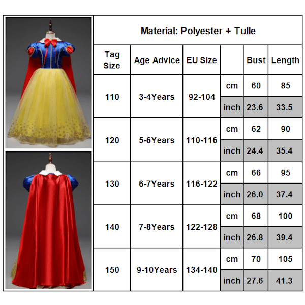 Snøhvit Pettiskjørt Kappe Prinsessekjole snøhvit 140 snow white